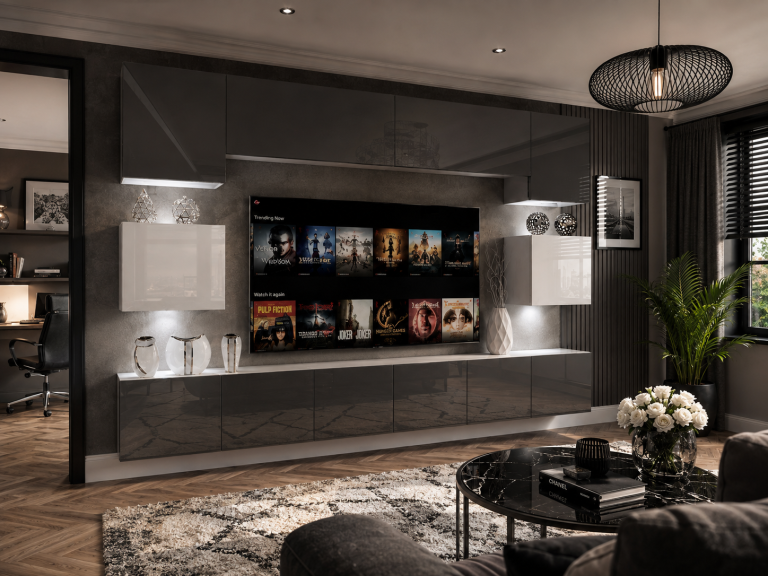 Szekrénysor 300 cm TV/RTV szürke fényes fehér fényes Gyártó IMP 3/5/W/SWS/0/0