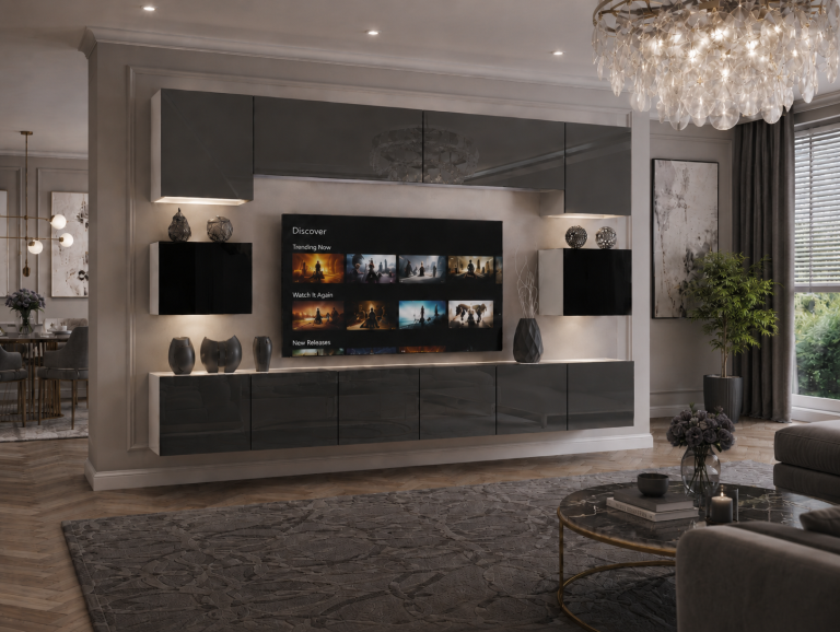 Szekrénysor 300 cm TV/RTV szürke fényes fekete fényes Gyártó IMP 3/5/W/SBS/0/0