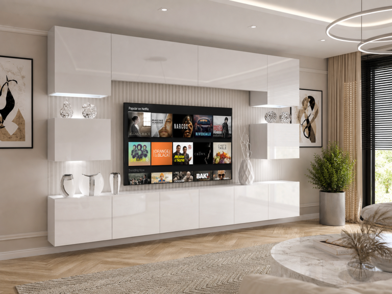 Szekrénysor 300 cm TV/RTV fehér fényű IMP 3/5/W/W/0/0