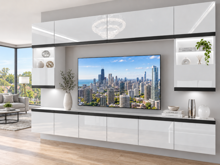 Nappali bútor Prestige 300 cm TV/RTV fehér fényes Gyártó IMP P2 Nolan 1/5/W/W/0/0/CM
