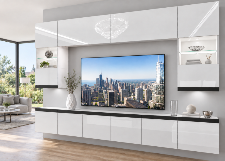 Nappali bútor Prestige 300 cm TV/RTV fehér fényes Gyártó IMP P1 Nolan 1/5/W/W/0/0/CM
