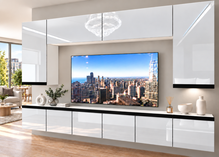 Nappali bútor Prestige 300 cm TV/RTV fehér fényes Gyártó IMP P Monroe 2/5/W/W/0/0/CM
