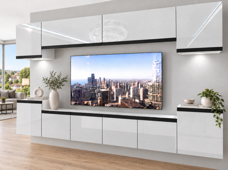 Nappali bútor Prestige 300 cm TV/RTV fehér fényes Gyártó IMP P Hepburn 4/5/W/W/0/0/CM