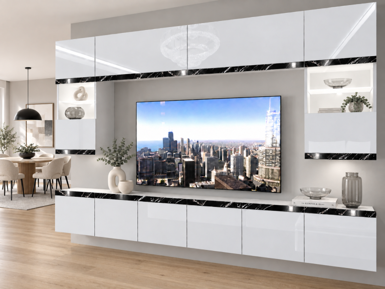 Nappali bútor Prestige 300 cm TV/RTV fehér fényes Gyártó IMP P2 Nolan 1/5/W/W/0/0/CS