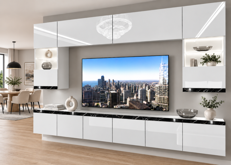 Nappali bútor Prestige 300 cm TV/RTV fehér fényes Gyártó IMP P1 Nolan 1/5/W/W/0/0/CS