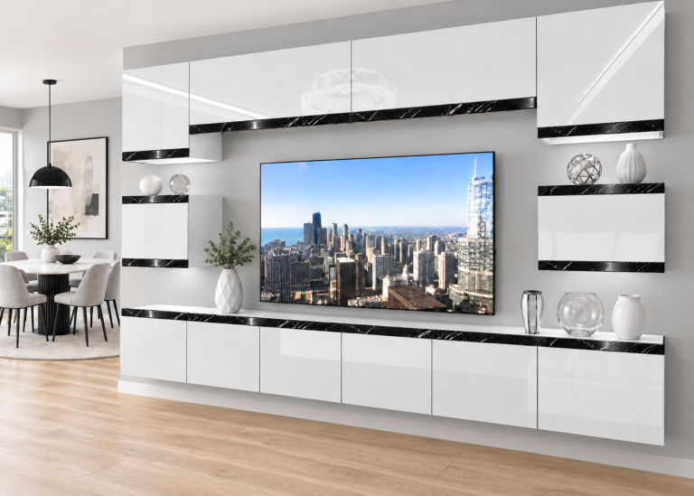 Nappali bútor Prestige 300 cm TV/RTV fehér fényes Gyártó IMP P Tarantino 3/5/W/W/0/0/CS