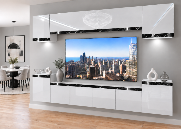 Nappali bútor Prestige 300 cm TV/RTV fehér fényes Gyártó IMP P Hepburn 4/5/W/W/0/0/CS