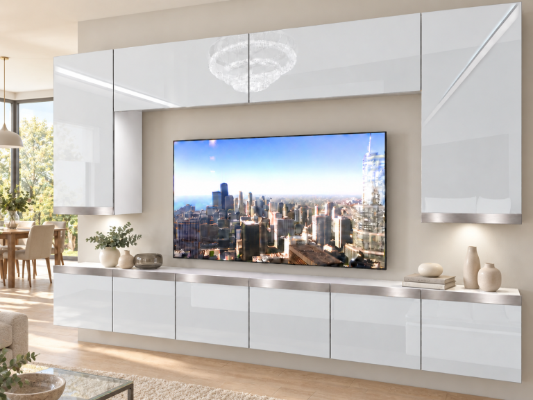 Nappali bútor Prestige 300 cm TV/RTV fehér fényes Gyártó IMP P Monroe 2/5/W/W/0/0/SL