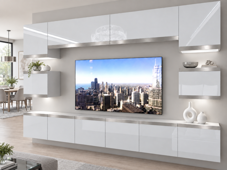 Nappali bútor Prestige 300 cm TV/RTV fehér fényes Gyártó IMP P Tarantino 3/5/W/W/0/0/SL