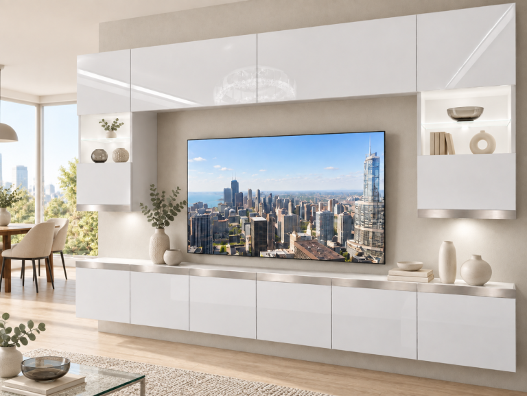 Nappali bútor Prestige 300 cm TV/RTV fehér fényes Gyártó IMP P1 Nolan 1/5/W/W/0/0/SL
