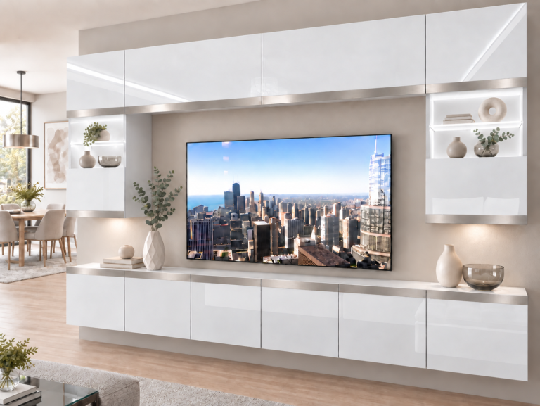 Nappali bútor Prestige 300 cm TV/RTV fehér fényes Gyártó IMP P2 Nolan 1/5/W/W/0/0/SL