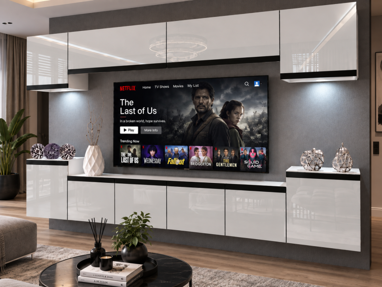 Nappali bútor Prestige 300 cm TV/RTV fehér fényes Gyártó IMP P Hepburn 4/5/W/W/0/0/CM
