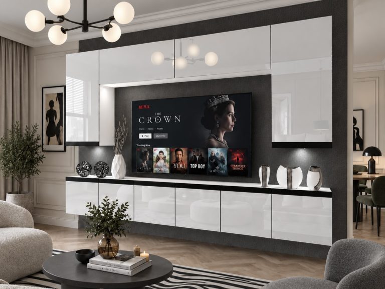 Nappali bútor Prestige 300 cm TV/RTV fehér fényes Gyártó IMP P Monroe 2/5/W/W/0/0/CM