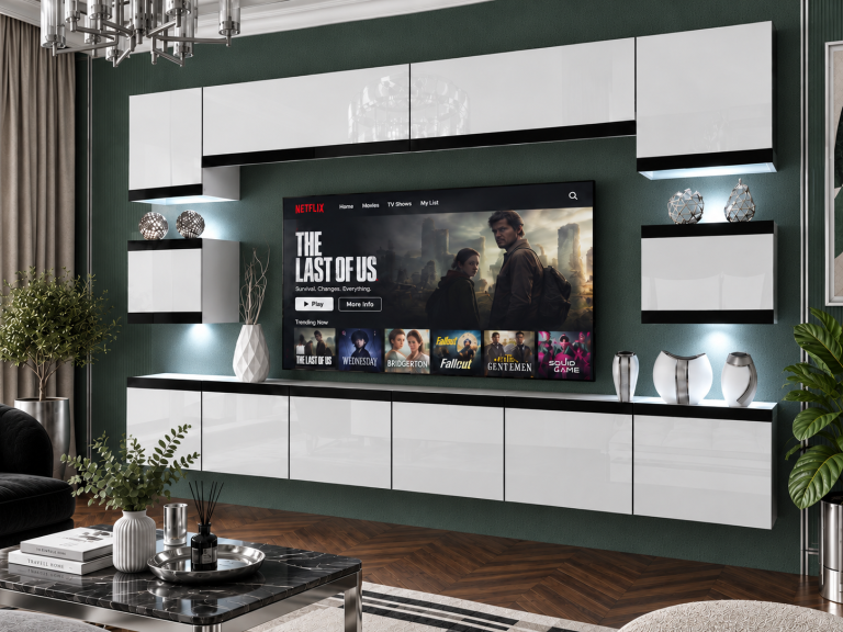Nappali bútor Prestige 300 cm TV/RTV fehér fényes Gyártó IMP P Tarantino 3/5/W/W/0/0/CM