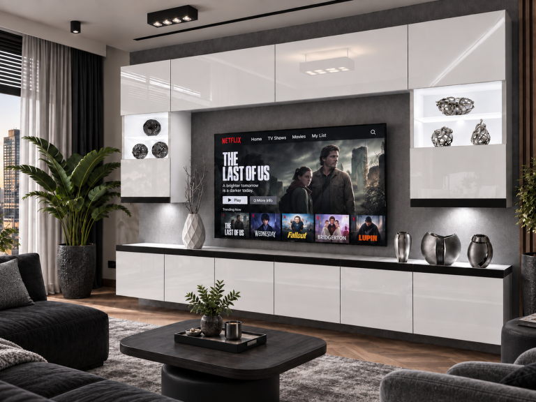 Nappali bútor Prestige 300 cm TV/RTV fehér fényes Gyártó IMP P1 Nolan 1/5/W/W/0/0/CM