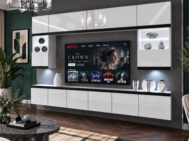 Nappali bútor Prestige 300 cm TV/RTV fehér fényes Gyártó IMP P2 Nolan 1/5/W/W/0/0/CM