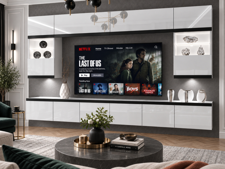 Nappali bútor Prestige 300 cm TV/RTV fehér fényes Gyártó IMP P2 Nolan 1/5/W/W/0/0/CM
