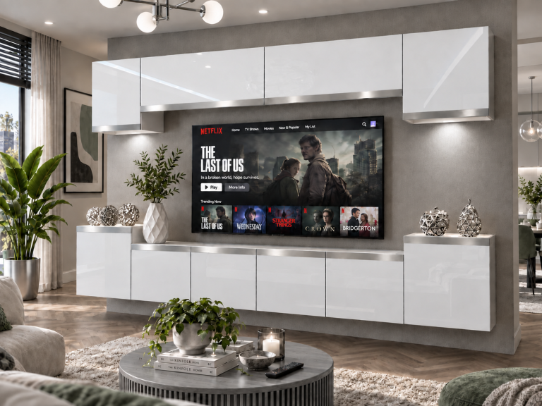 Nappali bútor Prestige 300 cm TV/RTV fehér fényes Gyártó IMP P Hepburn 4/5/W/W/0/0/SL