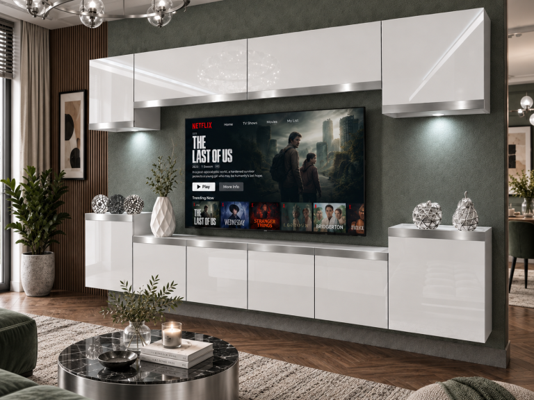 Nappali bútor Prestige 300 cm TV/RTV fehér fényes Gyártó IMP P Hepburn 4/5/W/W/0/0/SL