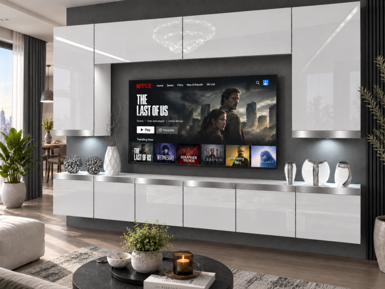 Nappali bútor Prestige 300 cm TV/RTV fehér fényes Gyártó IMP P Monroe 2/5/W/W/0/0/SL