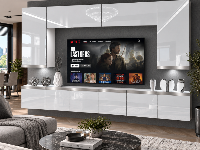Nappali bútor Prestige 300 cm TV/RTV fehér fényes Gyártó IMP P Monroe 2/5/W/W/0/0/SL