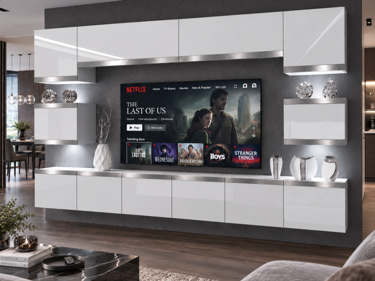 Nappali bútor Prestige 300 cm TV/RTV fehér fényes Gyártó IMP P Tarantino 3/5/W/W/0/0/SL