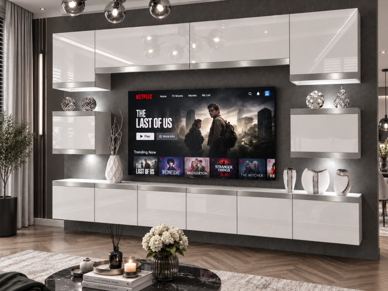 Nappali bútor Prestige 300 cm TV/RTV fehér fényes Gyártó IMP P Tarantino 3/5/W/W/0/0/SL
