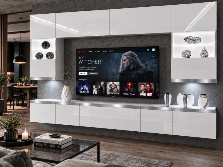 Nappali bútor Prestige 300 cm TV/RTV fehér fényes Gyártó IMP P1 Nolan 1/5/W/W/0/0/SL