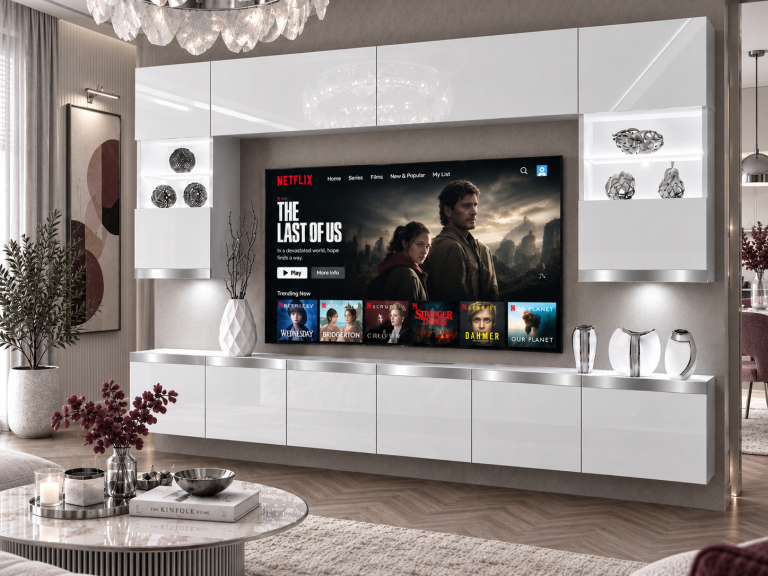 Nappali bútor Prestige 300 cm TV/RTV fehér fényes Gyártó IMP P1 Nolan 1/5/W/W/0/0/SL