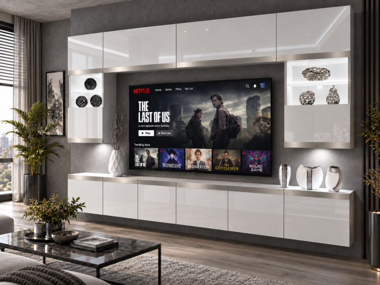 Nappali bútor Prestige 300 cm TV/RTV fehér fényes Gyártó IMP P2 Nolan 1/5/W/W/0/0/SL