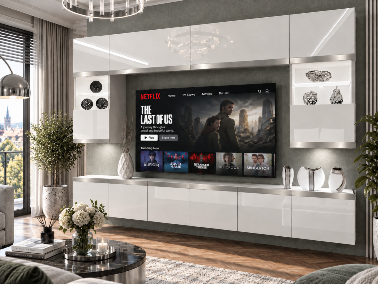 Nappali bútor Prestige 300 cm TV/RTV fehér fényes Gyártó IMP P2 Nolan 1/5/W/W/0/0/SL