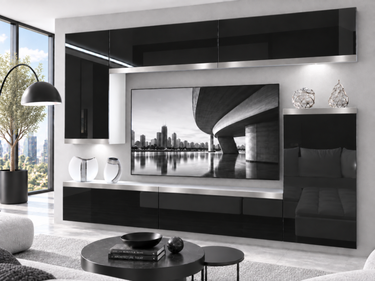 Nappali bútor Prestige 250 cm TV/RTV fekete fényes Gyártó IMP P Woody 8/5/W/B/0/0/SL