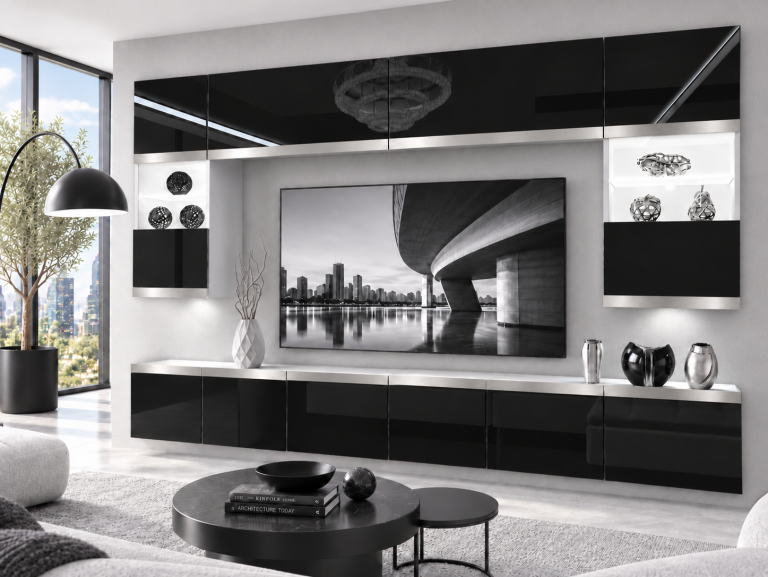 Nappali bútor Prestige 300 cm TV/RTV fekete fényes Gyártó IMP P2 Nolan 1/5/W/B/0/0/SL