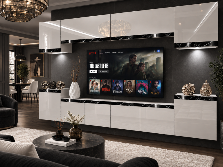 Nappali bútor Prestige 300 cm TV/RTV fehér fényes Gyártó IMP P Hepburn 4/5/W/W/0/0/CS
