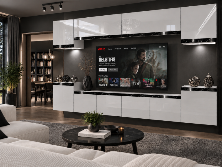 Nappali bútor Prestige 300 cm TV/RTV fehér fényes Gyártó IMP P Hepburn 4/5/W/W/0/0/CS