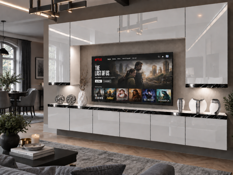 Nappali bútor Prestige 300 cm TV/RTV fehér fényes Gyártó IMP P Monroe 2/5/W/W/0/0/CS