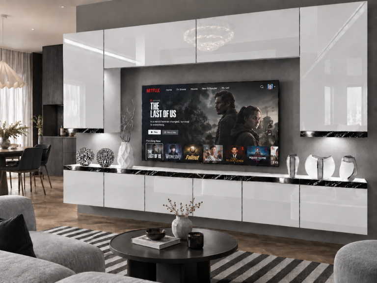 Nappali bútor Prestige 300 cm TV/RTV fehér fényes Gyártó IMP P Monroe 2/5/W/W/0/0/CS