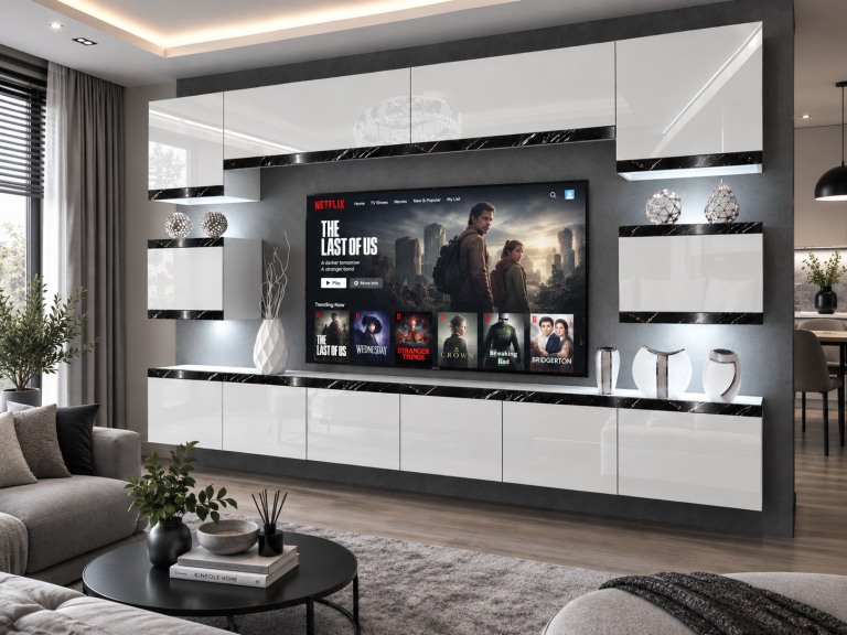Nappali bútor Prestige 300 cm TV/RTV fehér fényes Gyártó IMP P Tarantino 3/5/W/W/0/0/CS