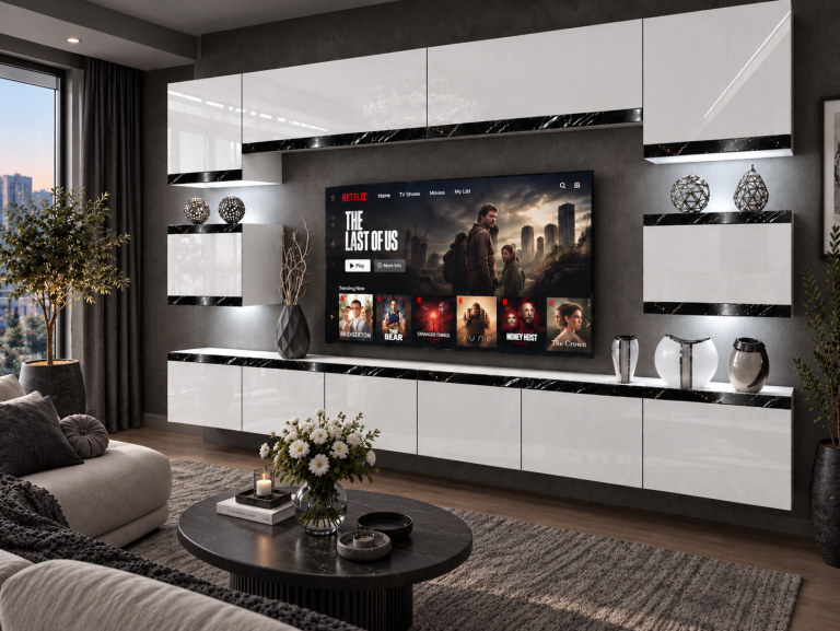 Nappali bútor Prestige 300 cm TV/RTV fehér fényes Gyártó IMP P Tarantino 3/5/W/W/0/0/CS