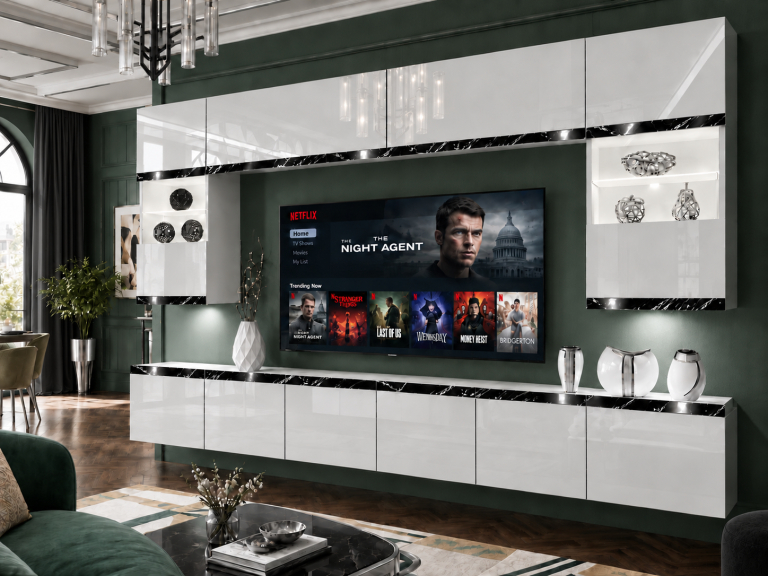 Nappali bútor Prestige 300 cm TV/RTV fehér fényes Gyártó IMP P2 Nolan 1/5/W/W/0/0/CS
