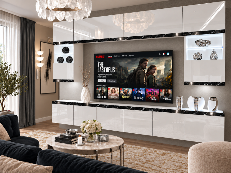 Nappali bútor Prestige 300 cm TV/RTV fehér fényes Gyártó IMP P2 Nolan 1/5/W/W/0/0/CS