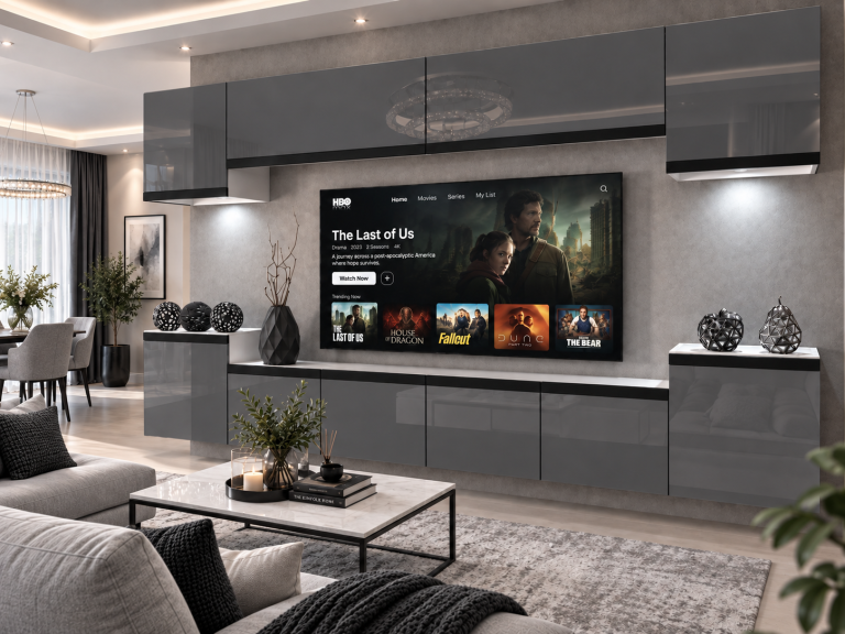 Nappali bútor Prestige 300 cm TV/RTV szürke fényes Gyártó IMP P Hepburn 4/5/W/S/0/0/CM