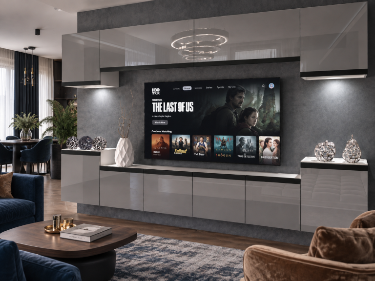 Nappali bútor Prestige 300 cm TV/RTV szürke fényes Gyártó IMP P Hepburn 4/5/W/S/0/0/CM