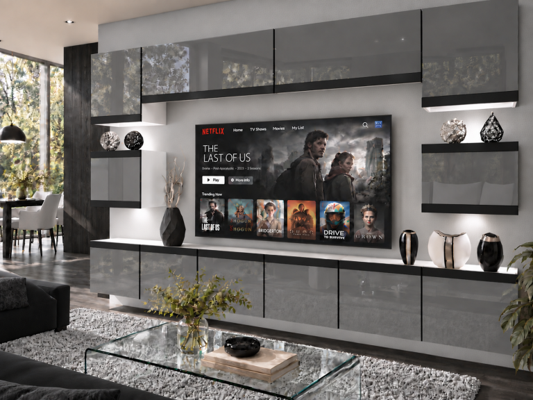 Nappali bútor Prestige 300 cm TV/RTV szürke fényes Gyártó IMP P Tarantino 3/5/W/S/0/0/CM