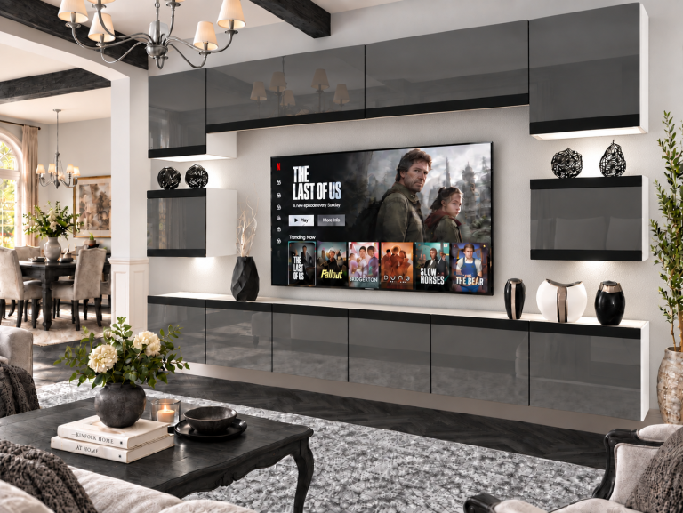 Nappali bútor Prestige 300 cm TV/RTV szürke fényes Gyártó IMP P Tarantino 3/5/W/S/0/0/CM