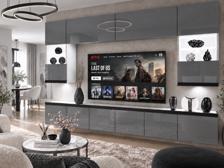 Nappali bútor Prestige 300 cm TV/RTV szürke fényes Gyártó IMP P1 Nolan 1/5/W/S/0/0/CM