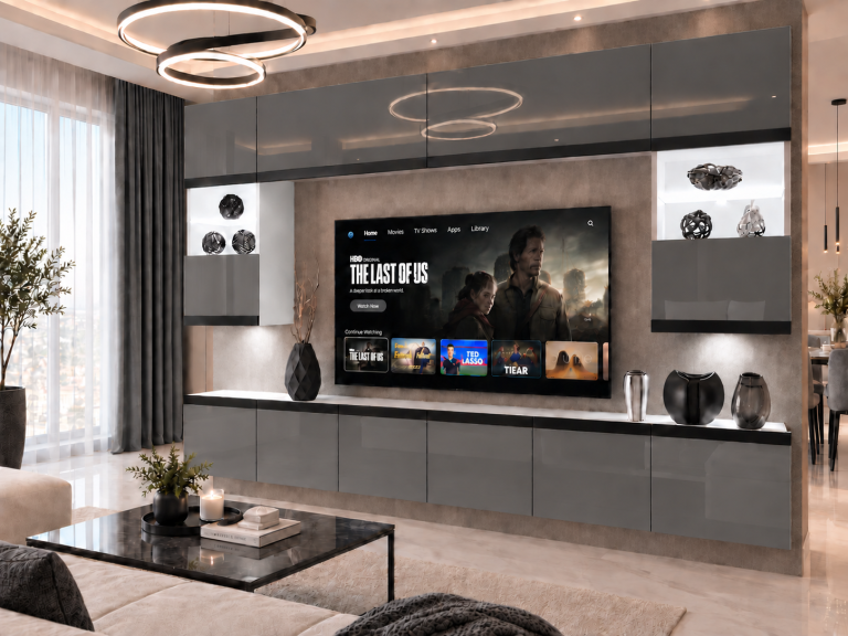 Nappali bútor Prestige 300 cm TV/RTV szürke fényes Gyártó IMP P2 Nolan 1/5/W/S/0/0/CM