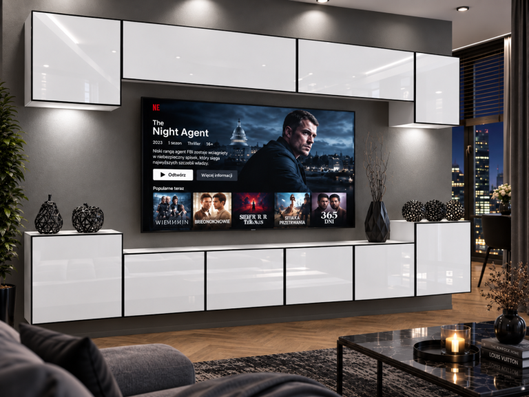 Nappali bútor Linea 300 cm TV/RTV fehér fényes Gyártó IMP L Hepburn 4/5/W/W/0/0