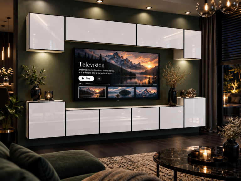 Nappali bútor Linea 300 cm TV/RTV fehér fényes Gyártó IMP L Hepburn 4/5/W/W/0/0