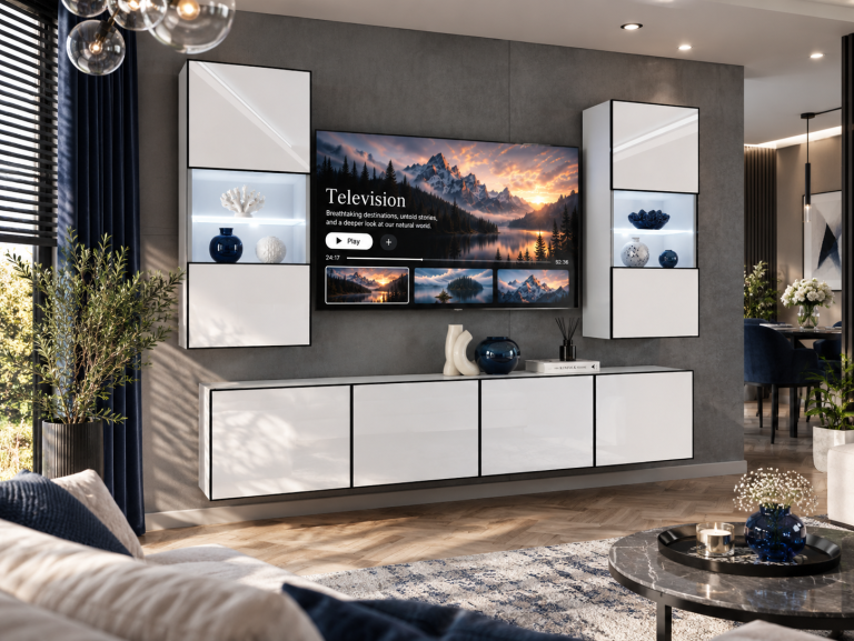 Nappali bútor Linea 200 cm TV/RTV fehér fényes Gyártó IMP L Keanu 7/5/W/W/0/0
